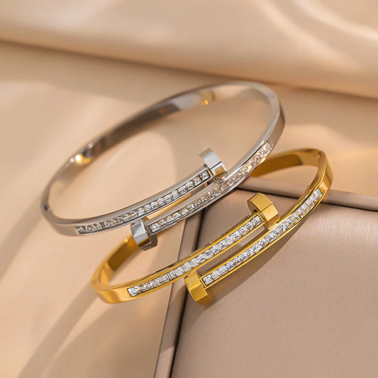 Ellipse Titanium Steel Diamond Inlay Bangles