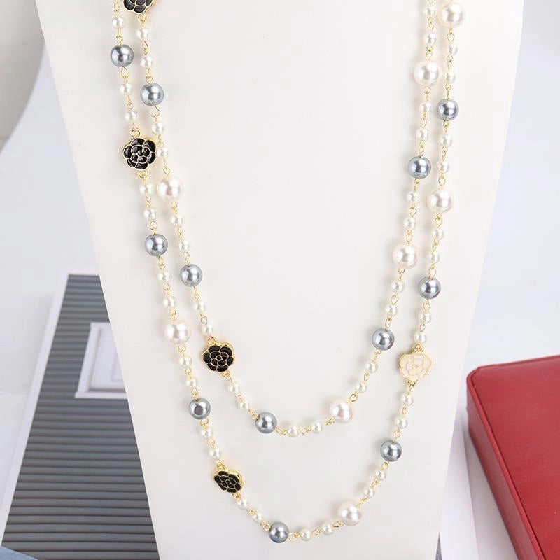 Sweet Minimalist Flower Imitation Pearl Alloy Beaded Enamel Women's Long Necklace