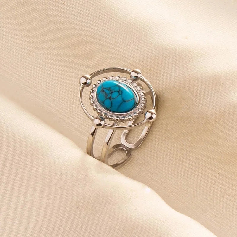 5 Pieces 304 Stainless Steel Retro Inlay Oval Artificial Gemstones Rings