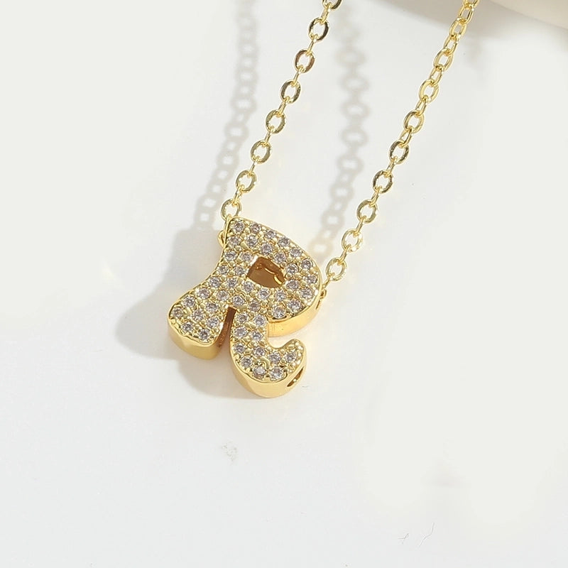 Copper 14K Gold Plated Vintage Style Minimalist Commute Inlay Letter Zircon Pendant Necklace