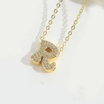Copper 14K Gold Plated Vintage Style Minimalist Commute Inlay Letter Zircon Pendant Necklace