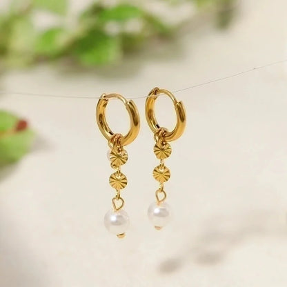 1 Pair IG Style Minimalist Round Pearl Plating 304 Stainless Steel Pearl 18K Gold Plated Drop Earrings