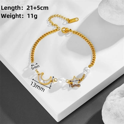Stainless Steel 18K Gold Plated Casual Minimalist Pearl Inlay Star Moon Shell Bracelets Earrings Necklace