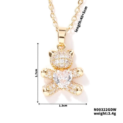 304 Stainless Steel Copper Rhodium Plated Inlay Bear Heart Shape Glass Zircon Pendant Necklace