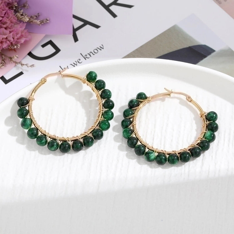 2 Pieces Retro Geometric Handmade Stainless Steel Natural Stone Earrings