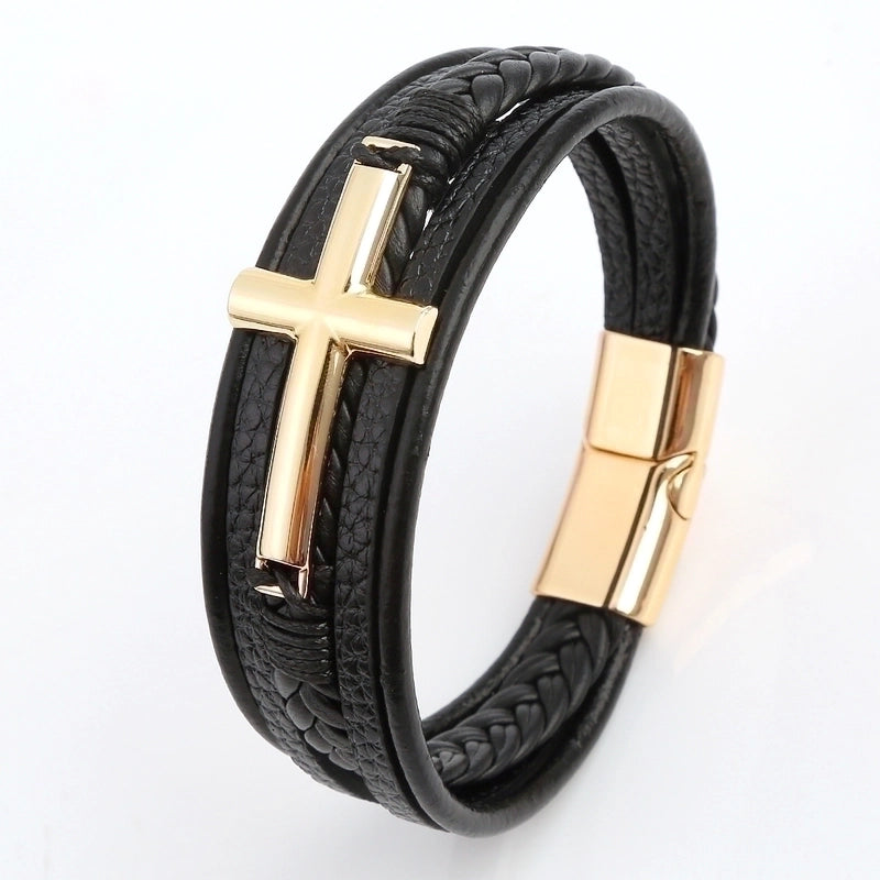 Casual Streetwear Cross 304 Stainless Steel Pu Leather Copper 18K Gold Plated Copper Bangle In Bulk