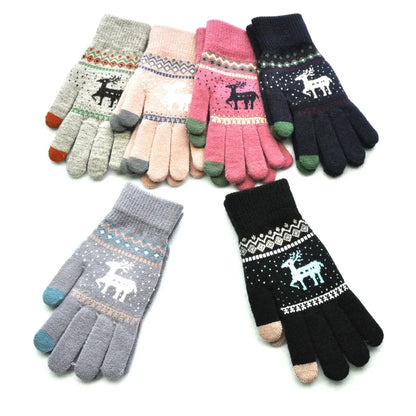 Adults Winter Warm Plus Velvet Padded Knitted Gloves Elk Christmas Tree Jacquard Touch Screen Gloves