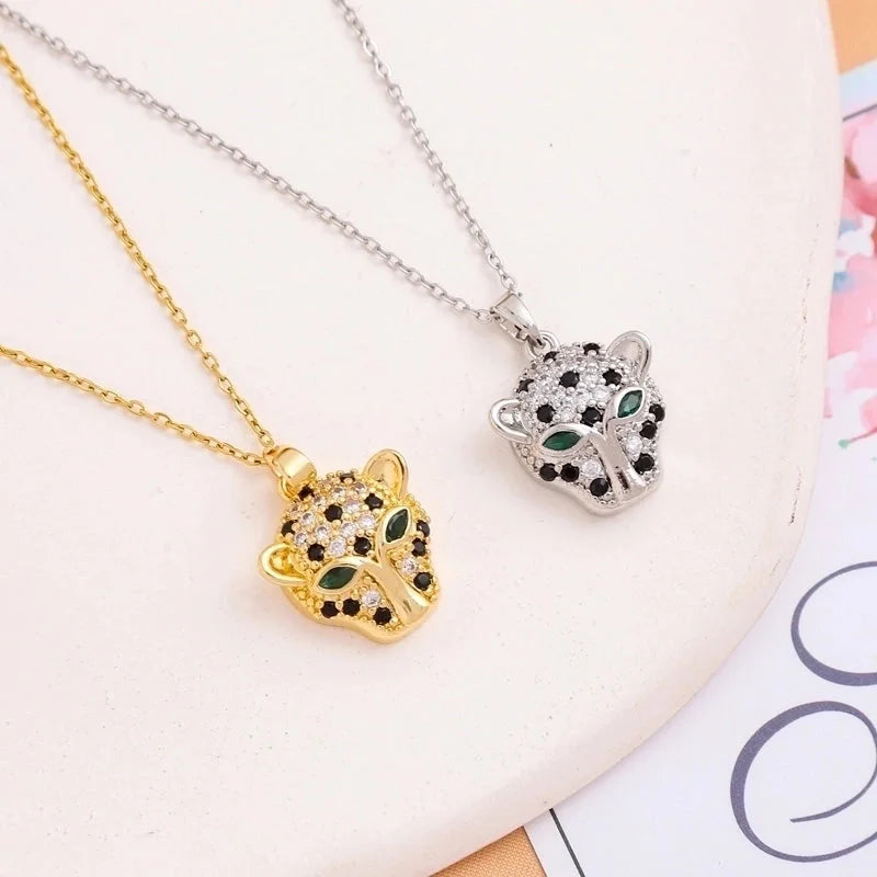 316L Stainless Steel Brass Minimalist Cool Style Inlay Jaguar Zircon Pendant Necklace