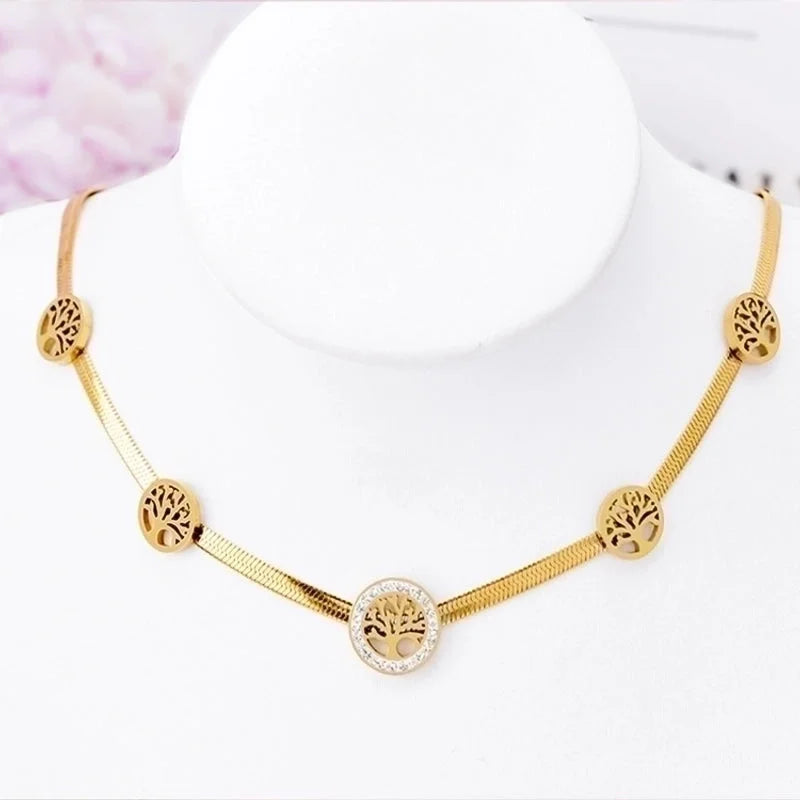 Fashion Tree 304 Stainless Steel Rhinestones 18K Gold Plated Inlay Stainless Steel Necklaces