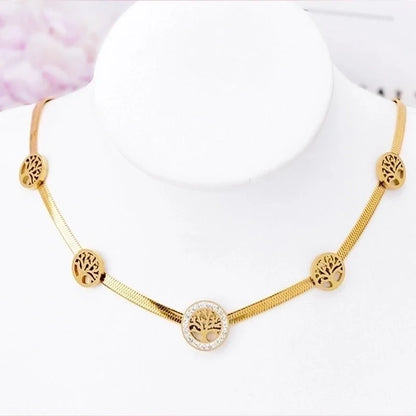 Fashion Tree 304 Stainless Steel Rhinestones 18K Gold Plated Inlay Stainless Steel Necklaces