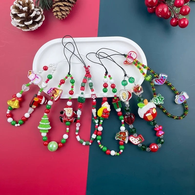 Elegant Minimalist Christmas Tree Santa Claus Snowman Resin Glass Beaded Christmas Mobile Phone Chain