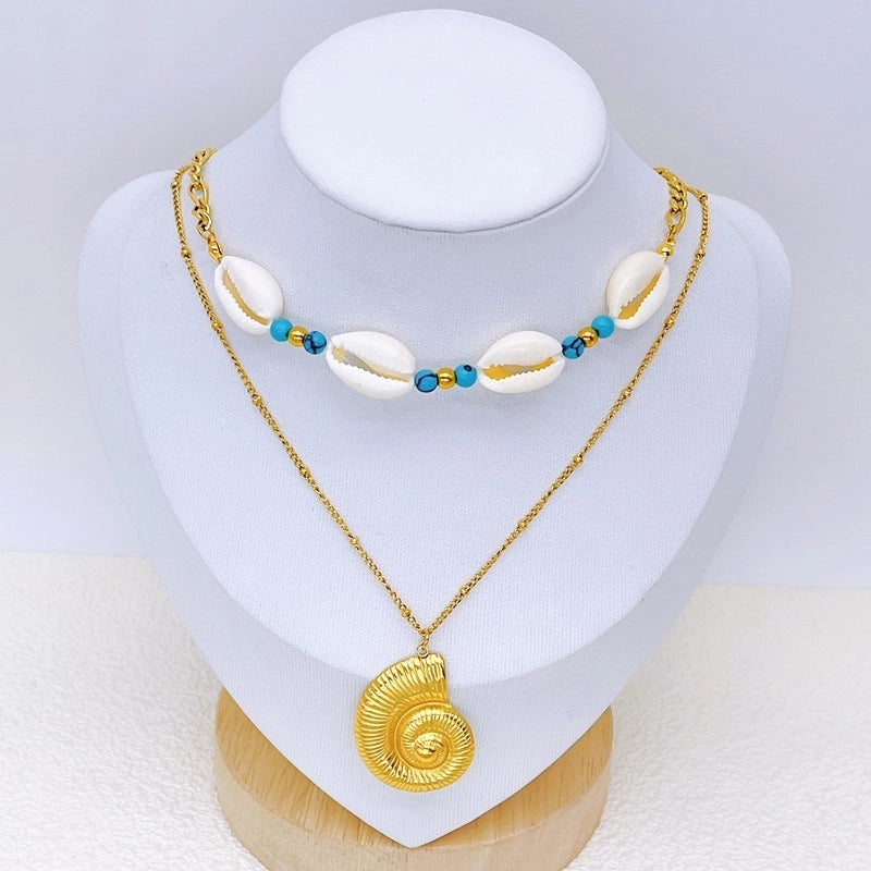 Vacation Starfish Conch Shell Titanium Steel Pendant Necklace