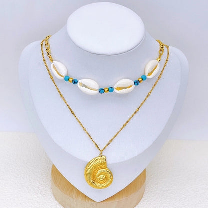 Vacation Starfish Conch Shell Titanium Steel Pendant Necklace