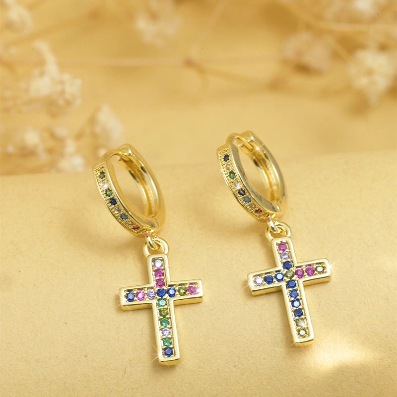 1 Pair Elegant Minimalist Cross Life Tree Plating Copper Zircon Drop Earrings