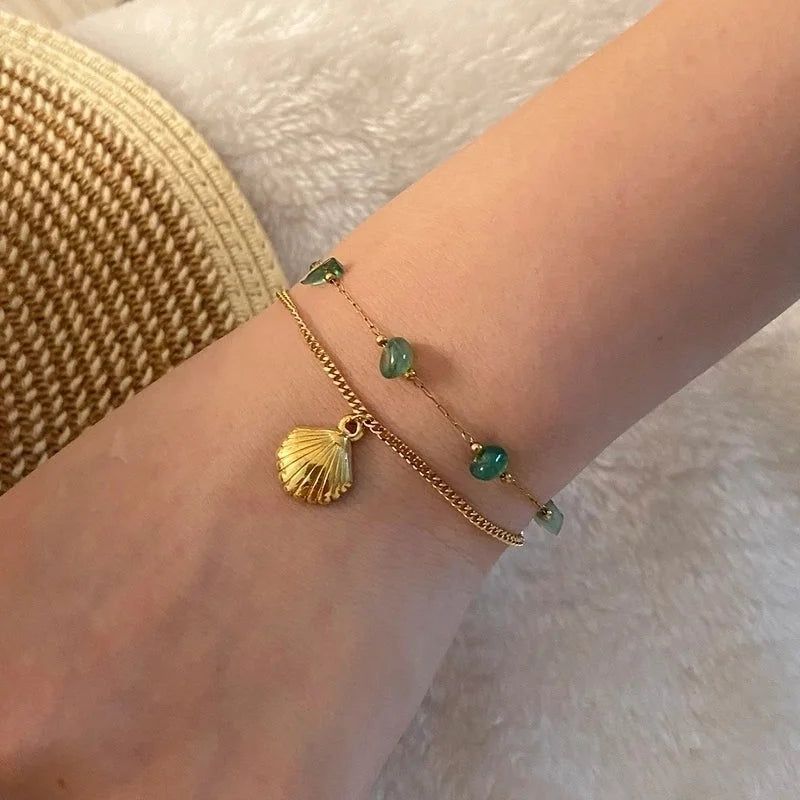 Beach Minimalist Shell 304 Stainless Steel Natural Stone 18K Gold Plated Bracelets In Bulk