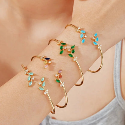 Copper K Gold Plated Shiny Metallic Inlay Geometric Leaf Zircon Bangle