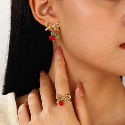 Sweet Minimalist Cherry Bow Knot 304 Stainless Steel Rings Earrings