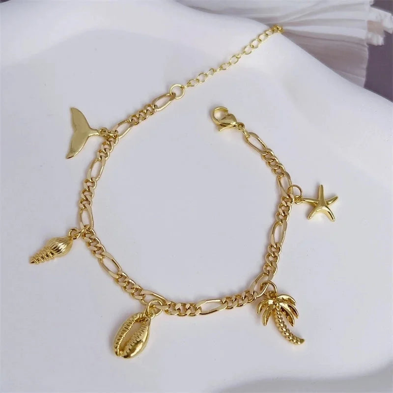 Copper 18K Gold Plated Inlay Coconut Tree Conch Dolphin Zircon Bracelets