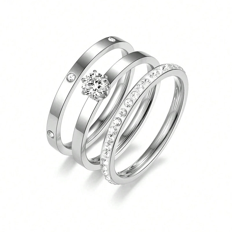 Elegant Solid Color 304 Stainless Steel Zircon Gold Plated Inlay Rings