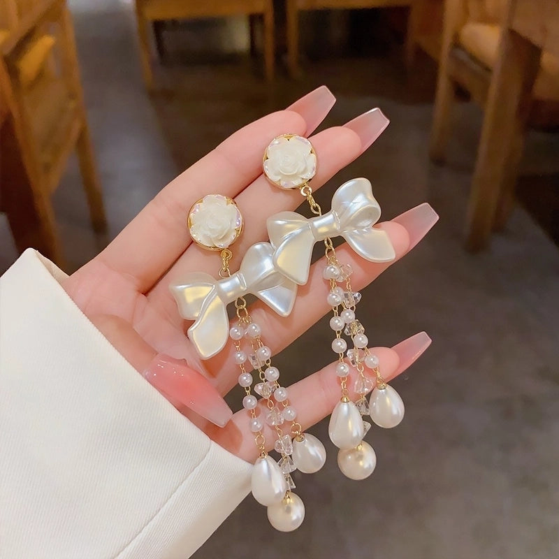 Fashion Heart Shape Bow Knot Copper Inlay Zircon Drop Earrings 1 Pair