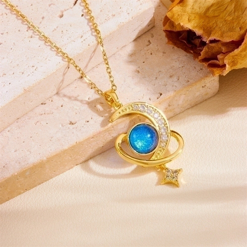 Titanium Steel 18K Gold Plated Vintage Style Plating Moon Acrylic Rhinestones Pendant Necklace