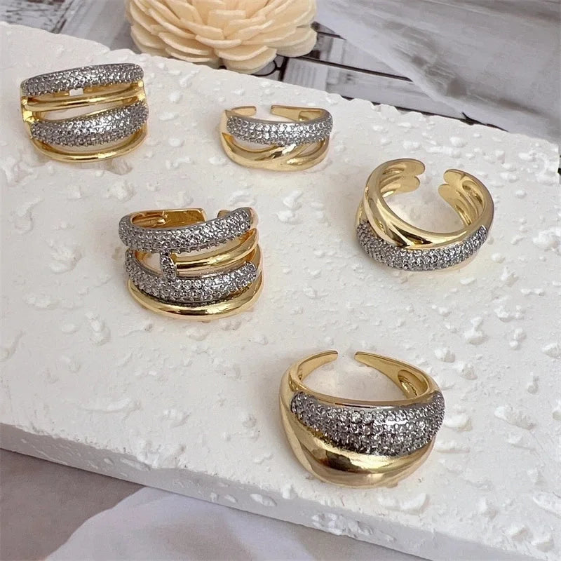Copper 18K Gold Plated Inlay Geometric Zircon Open Rings