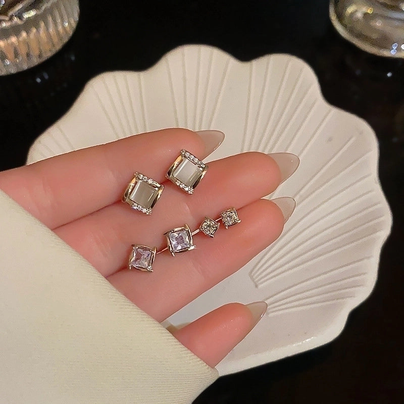 1 Set Minimalist Geometric Enamel Plating Inlay Copper Rhinestones Opal Shell Earrings