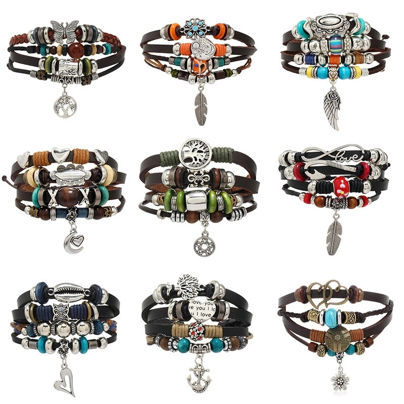 Ethnic Style Leaf Life Tree Butterfly Pu Leather Alloy Wooden Beads Beaded Inlay Artificial Gemstones Unisex Bracelets