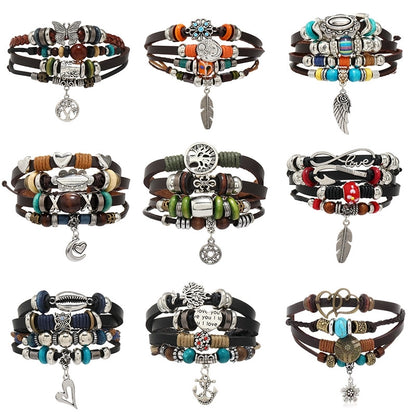 Ethnic Style Leaf Life Tree Butterfly Pu Leather Alloy Wooden Beads Beaded Inlay Artificial Gemstones Unisex Bracelets
