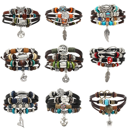 Ethnic Style Leaf Life Tree Butterfly Pu Leather Alloy Wooden Beads Beaded Inlay Artificial Gemstones Unisex Bracelets
