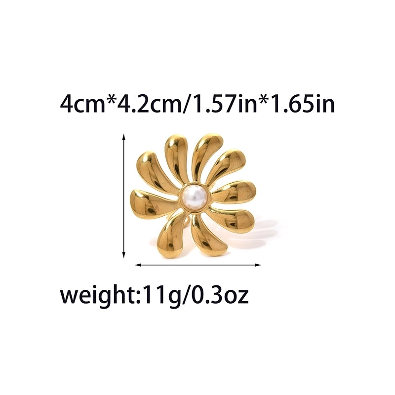 Elegant Luxurious Baroque Style Pentagram Sun Flower 304 Stainless Steel Pearl 14K Gold Plated Open Rings