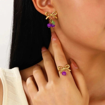 Sweet Minimalist Cherry Bow Knot 304 Stainless Steel Rings Earrings