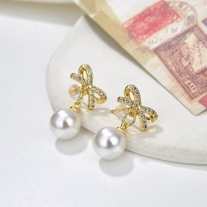 Copper Plating 18K Color Retention Imitation Pearl Bowknot Christmas Ear Studs Earrings