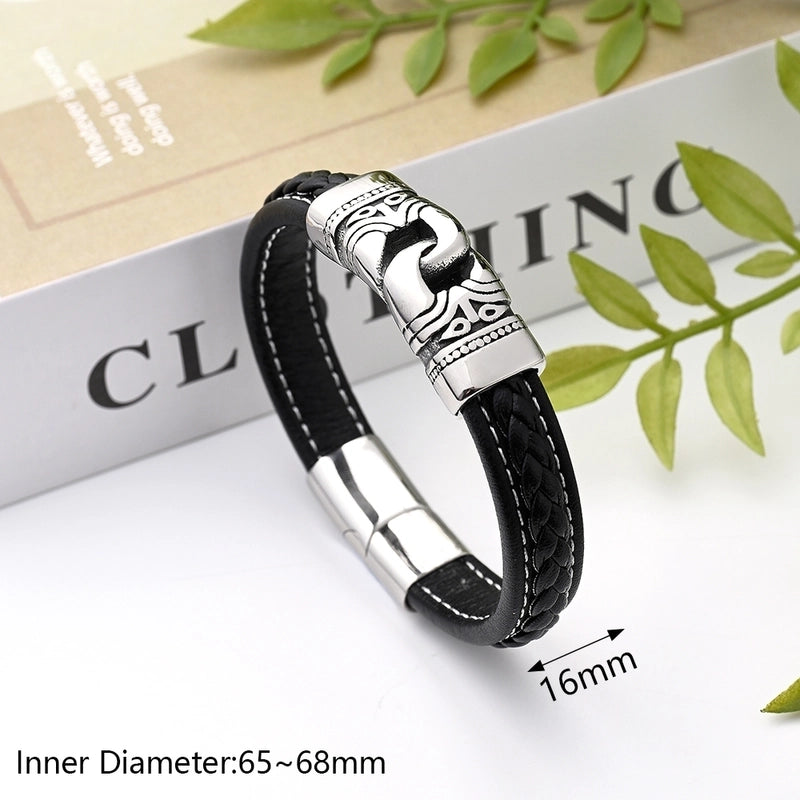 Casual Modern Style Minimalist Totem Solid Color Skull 304 Stainless Steel Genuine Cowhide Handmade Polishing Gold Plated Halloween Men's Wristband