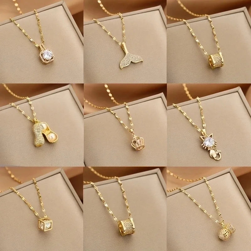 Lady Animal Flower Artificial Pearl Titanium Steel Copper Plating Inlay Zircon Pendant Necklace