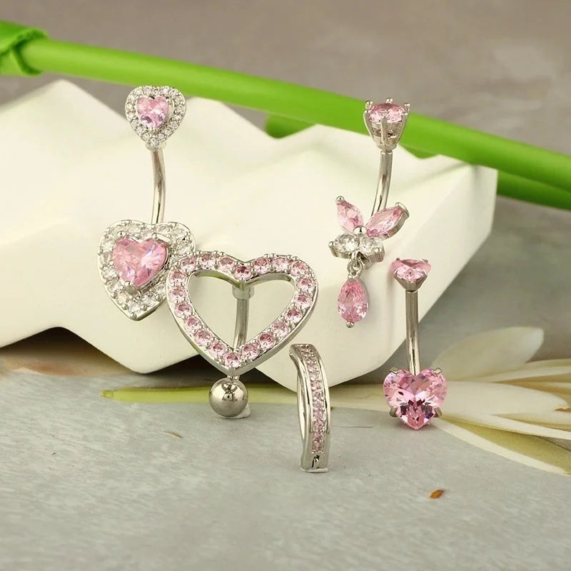 1 Piece 1 Set Belly Rings Hip-Hop Shiny Heart Shape 316L Stainless Steel Copper Inlay Zircon Belly Rings