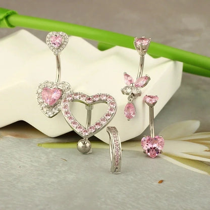 1 Piece 1 Set Belly Rings Hip-Hop Shiny Heart Shape 316L Stainless Steel Copper Inlay Zircon Belly Rings