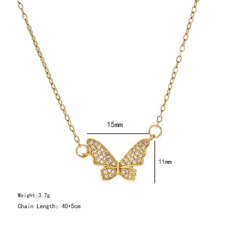 304 Stainless Steel Copper 18K Gold Plated K Gold Plated Inlay Heart Shape Wings Butterfly Zircon Pendant Necklace