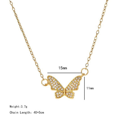 304 Stainless Steel Copper 18K Gold Plated K Gold Plated Inlay Heart Shape Wings Butterfly Zircon Pendant Necklace