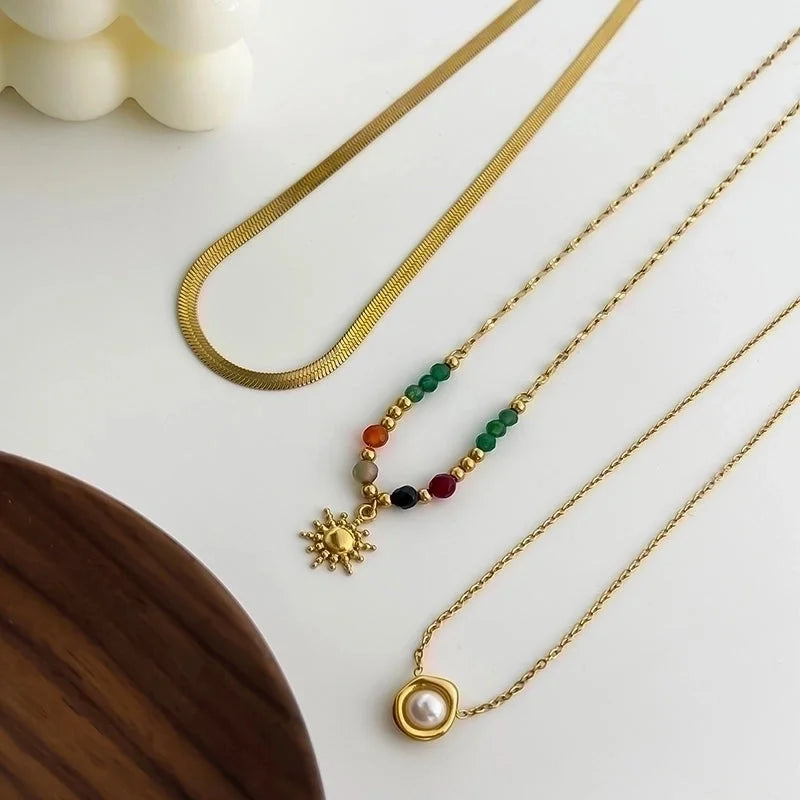 Elegant Retro French Style SUNFLOWER (Jz001) Pearl 316L Stainless Steel Imitation Pearl Natural Stone 18K Gold Plated Beaded Inlay Pendant Necklace