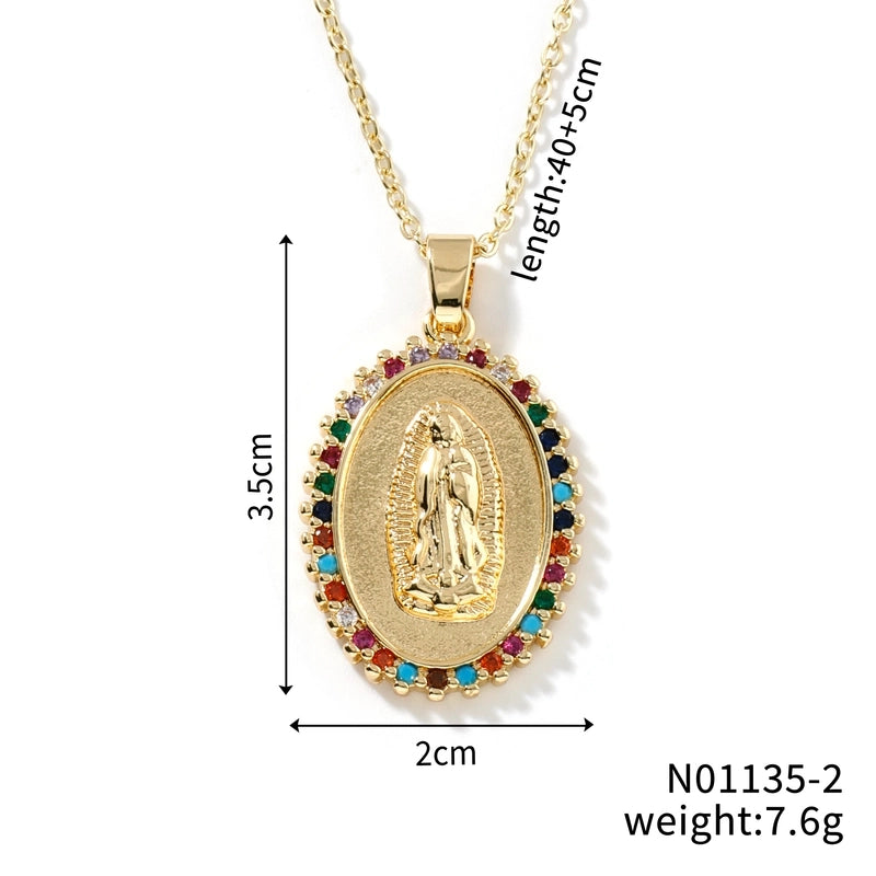 Vintage Style Classic Style Geometric Round Virgin Mary 304 Stainless Steel Copper Zircon K Gold Plated Inlay Pendant Necklace