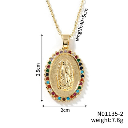 Vintage Style Classic Style Geometric Round Virgin Mary 304 Stainless Steel Copper Zircon K Gold Plated Inlay Pendant Necklace
