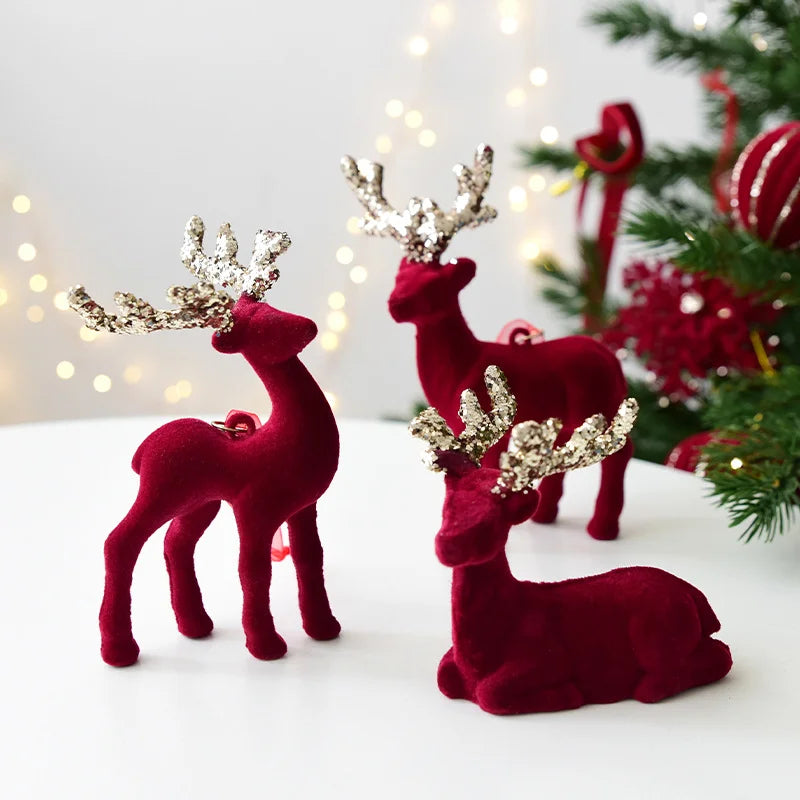 Christmas Reindeer Ornament Christmas Tree Decoration Hanging Decoration Glitter Wine Red Flocked Reindeer Pendant