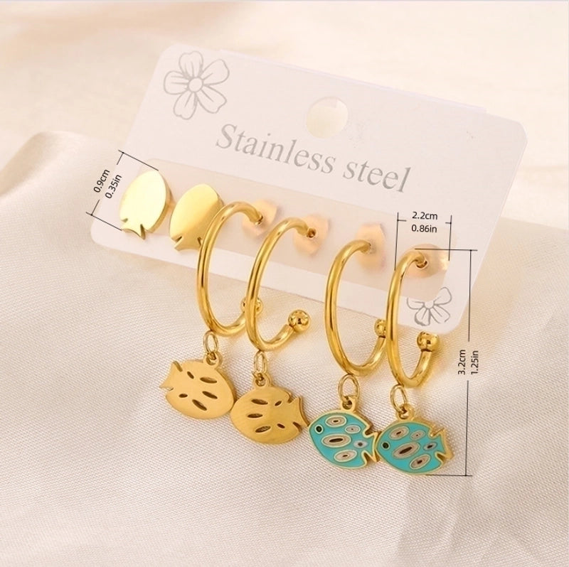 3 Pairs Minimalist Heart Shape Flower Enamel 304 Stainless Steel 18K Gold Plated Drop Earrings Ear Studs