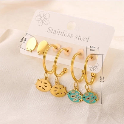 3 Pairs Minimalist Heart Shape Flower Enamel 304 Stainless Steel 18K Gold Plated Drop Earrings Ear Studs