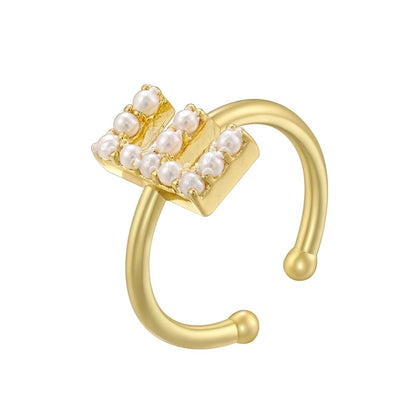 Copper 18K Gold Plated Plating Inlay Letter Artificial Pearls Open Rings