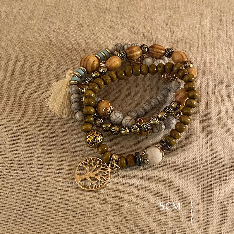 Casual Ethnic Style Round Tree Wings Pu Leather Wooden Beads Bodhi Beaded Braid Women's Bracelets