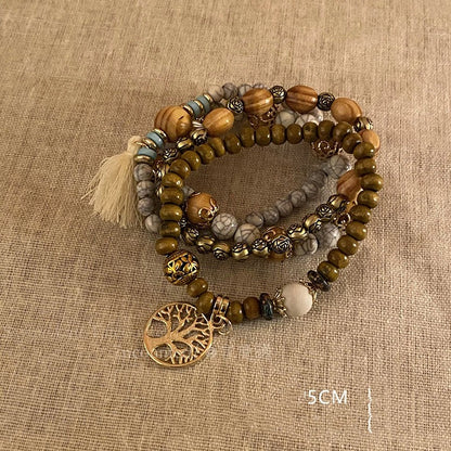Casual Ethnic Style Round Tree Wings Pu Leather Wooden Beads Bodhi Beaded Braid Women's Bracelets