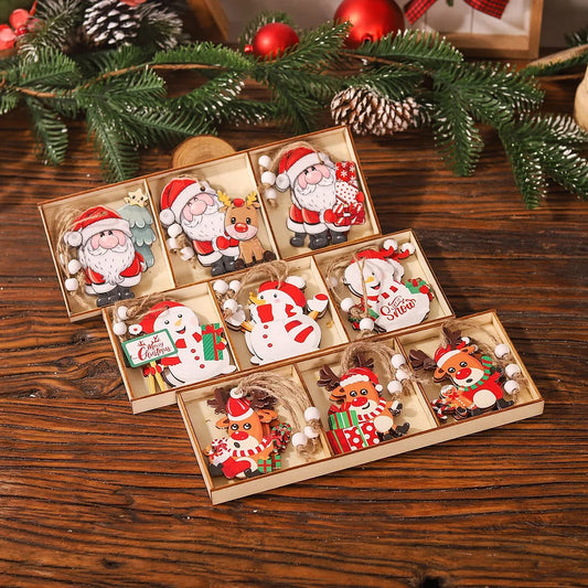 Christmas Cartoon Colorful Wooden Three-grid 9pcs Ornaments Santa Claus Hanging Decorations Christmas Tree Accessories