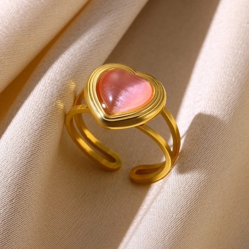 Elegant French Style Sweet Heart Shape 304 Stainless Steel Synthetic Gemstones Open Rings